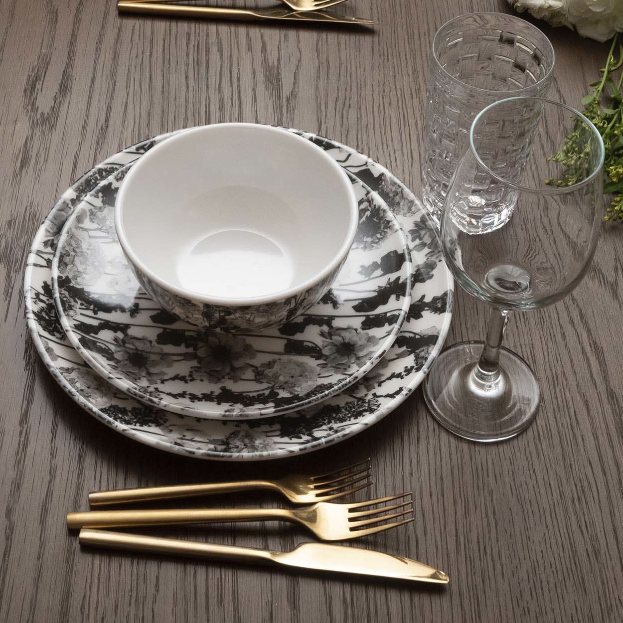 Grayscale Floral Garden Starter Set - 12 Piece Setting