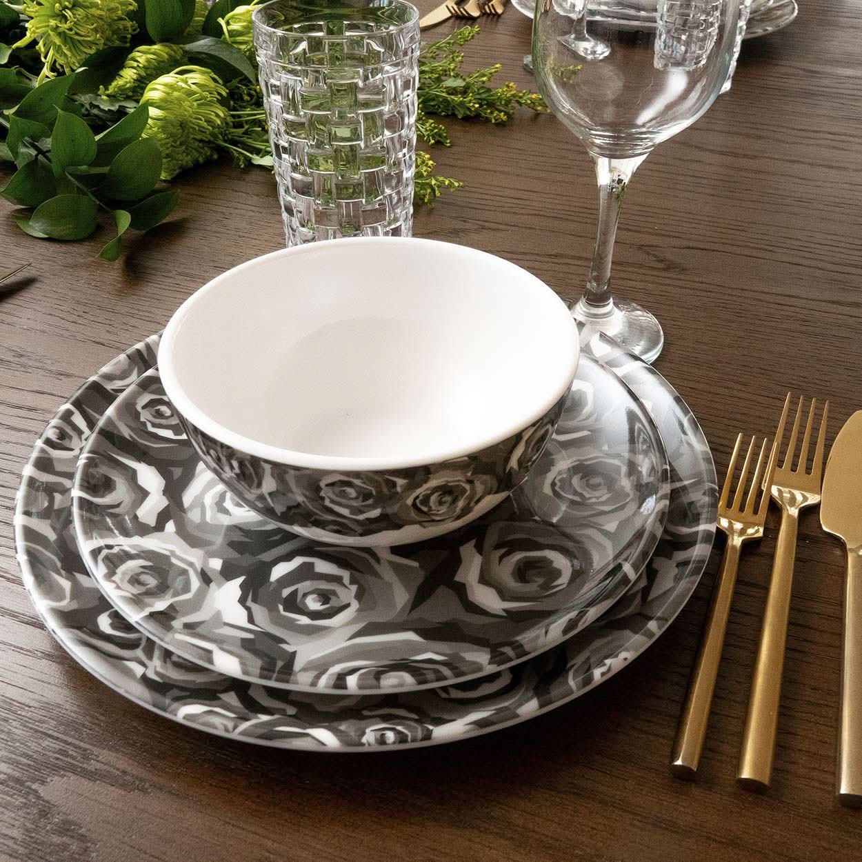 Grayscale Roses Starter Set - 12 Piece Setting