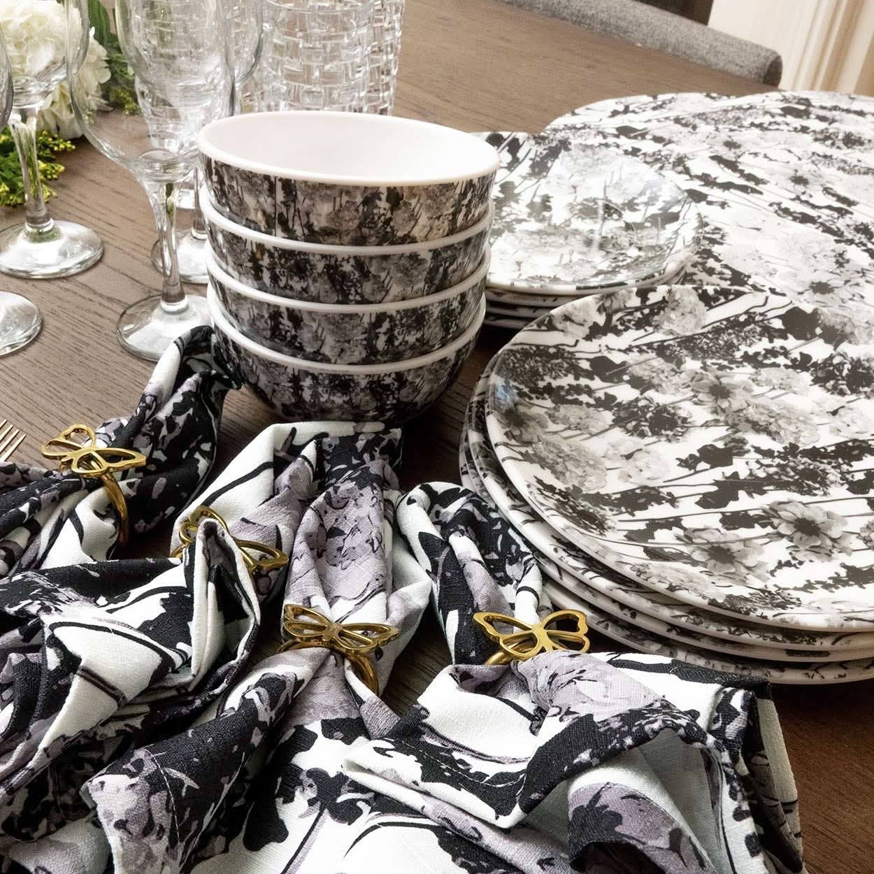 Grayscale Floral Garden Hostess Set - 20 Piece Setting