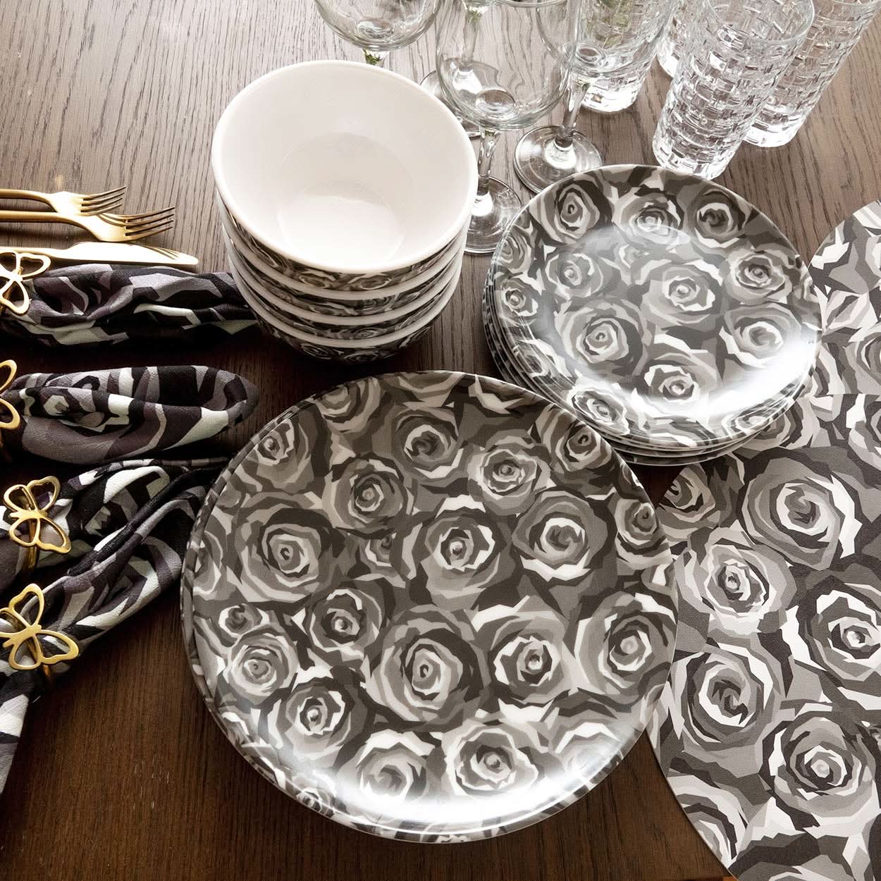 Grayscale Roses Hostess Set - 20 Piece Setting