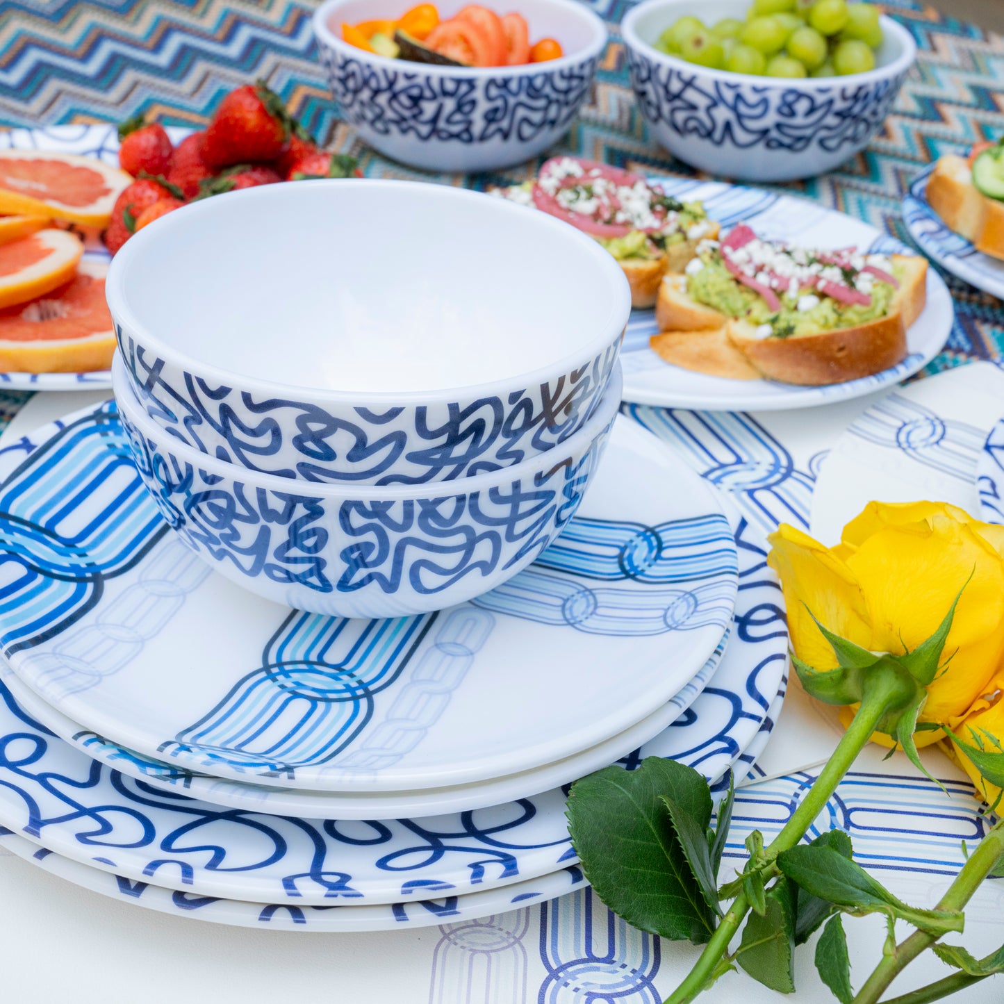 Navy Squiggly Melamine Bowl Set of 4