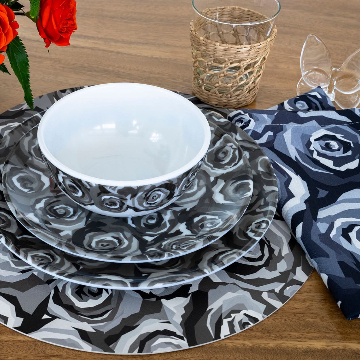 Grayscale Roses Hostess Set - 20 Piece Setting