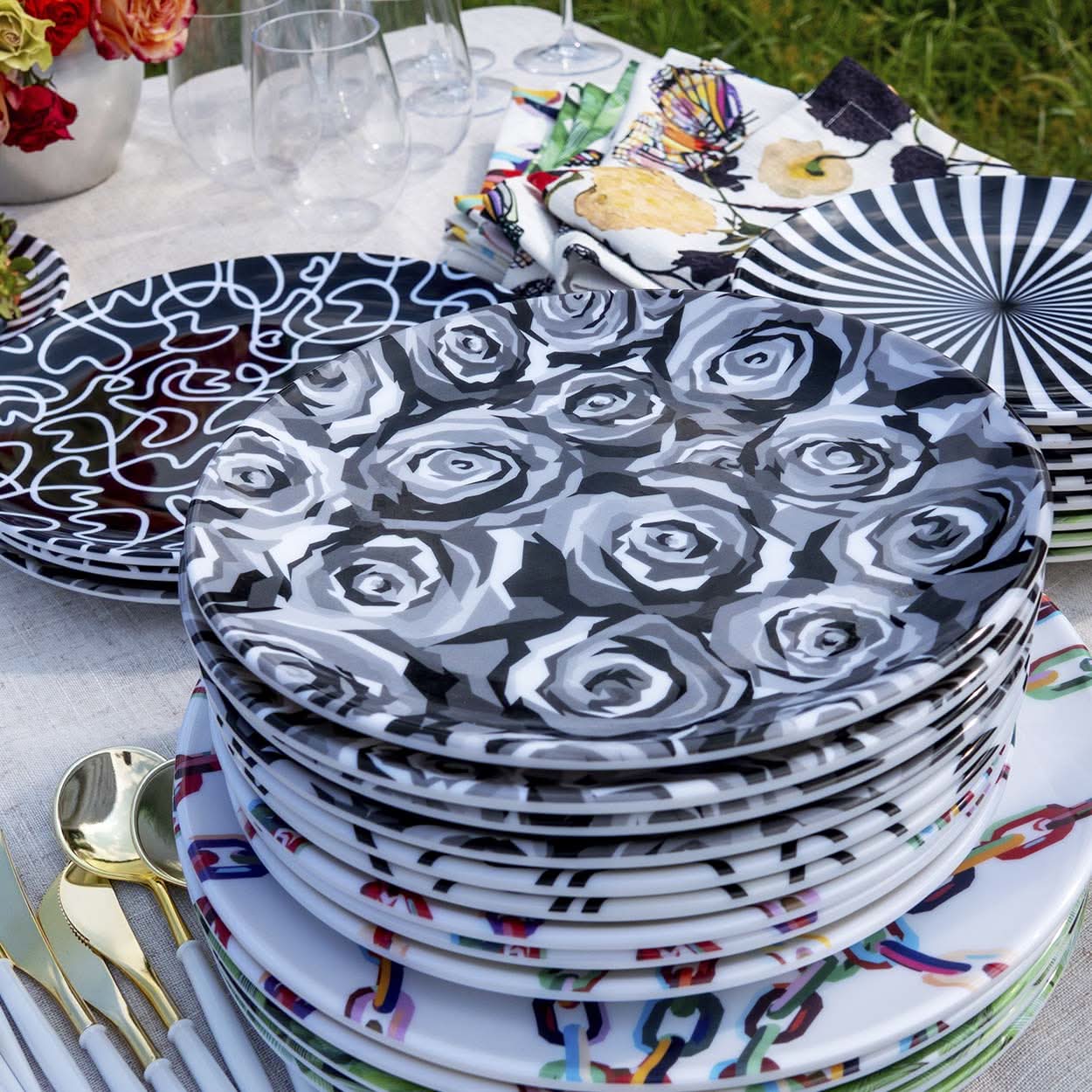 Grayscale Roses Salad Plate Set of 4