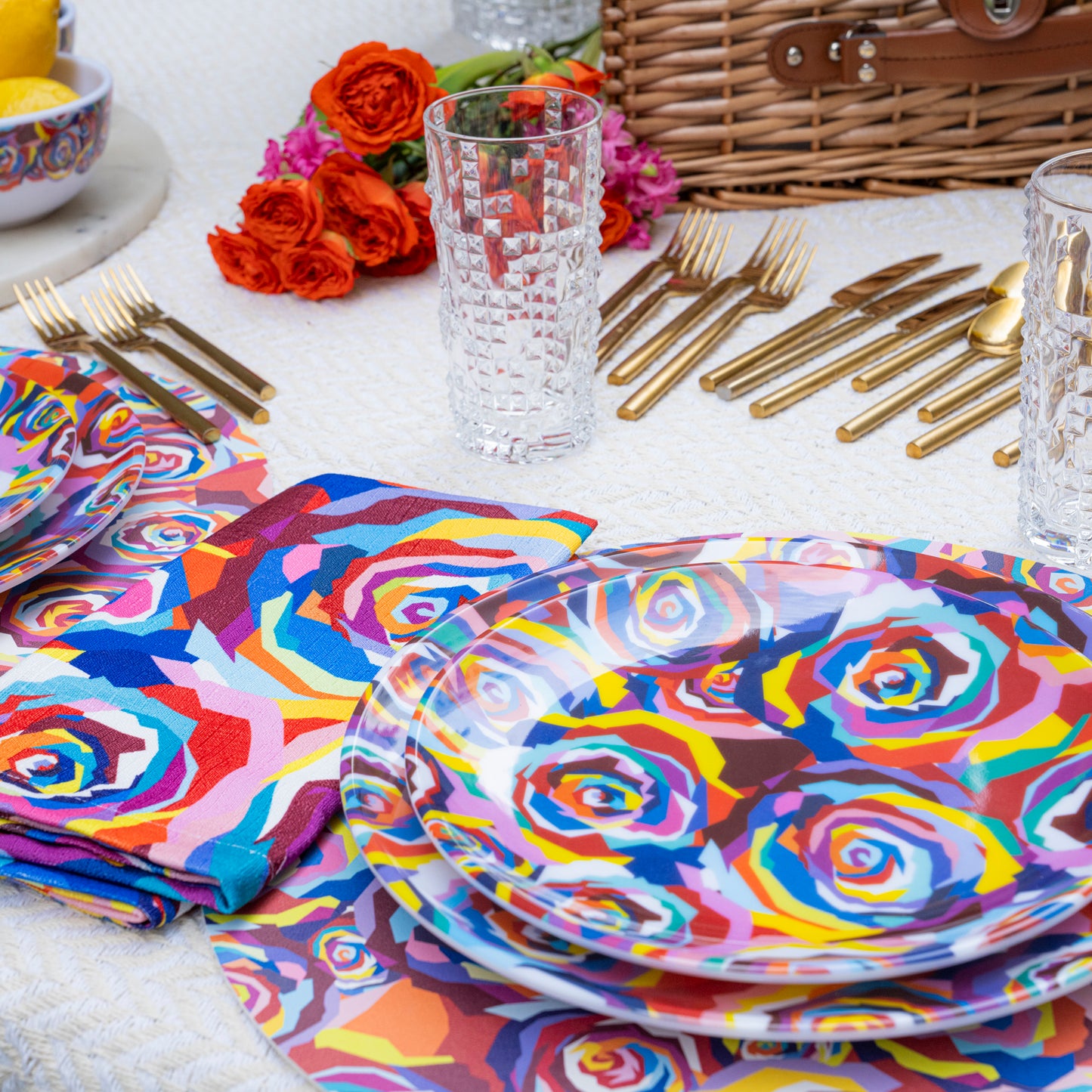 Multicolored Roses Faux Linen Napkin Set of 4