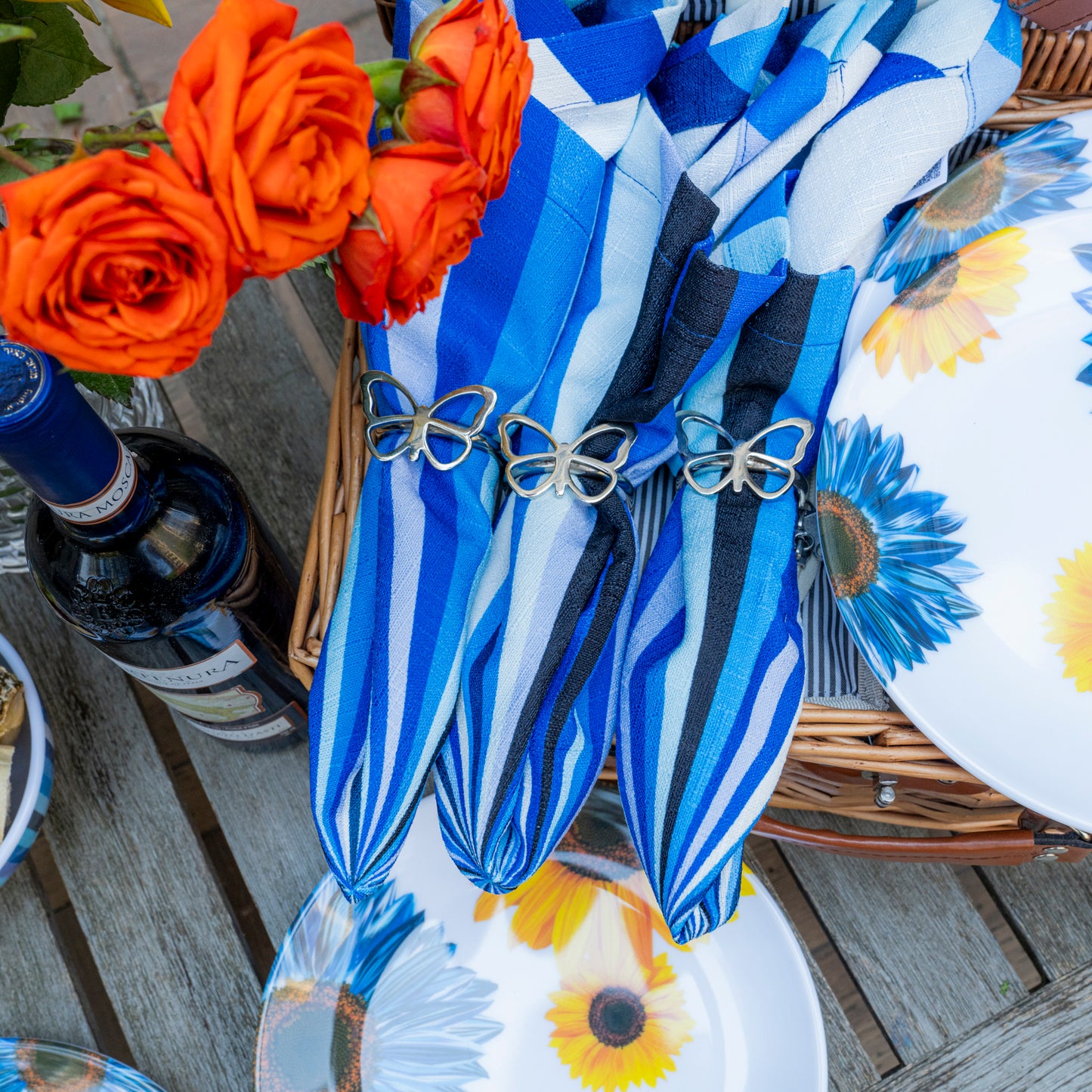 Blue Sunflower Faux Linen Napkin Set of 4