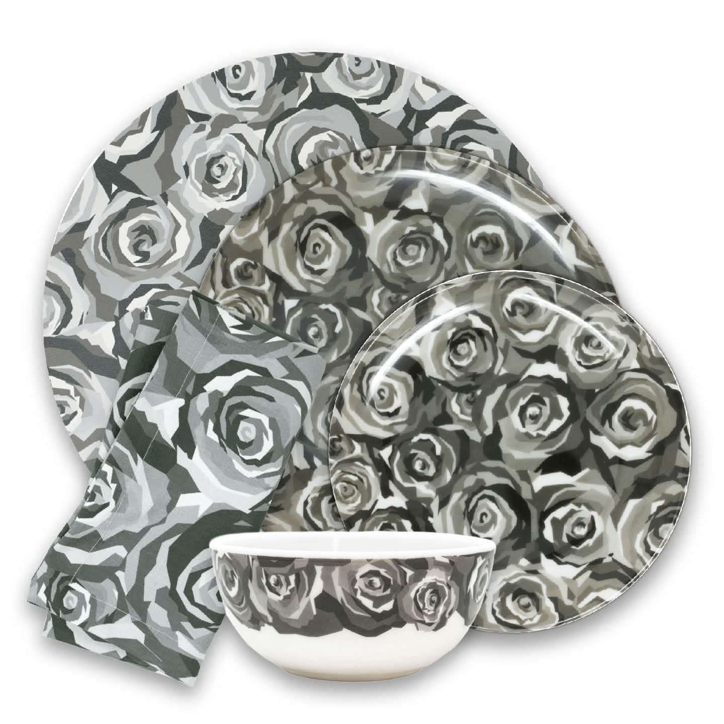 Grayscale Roses Hostess Set - 20 Piece Setting