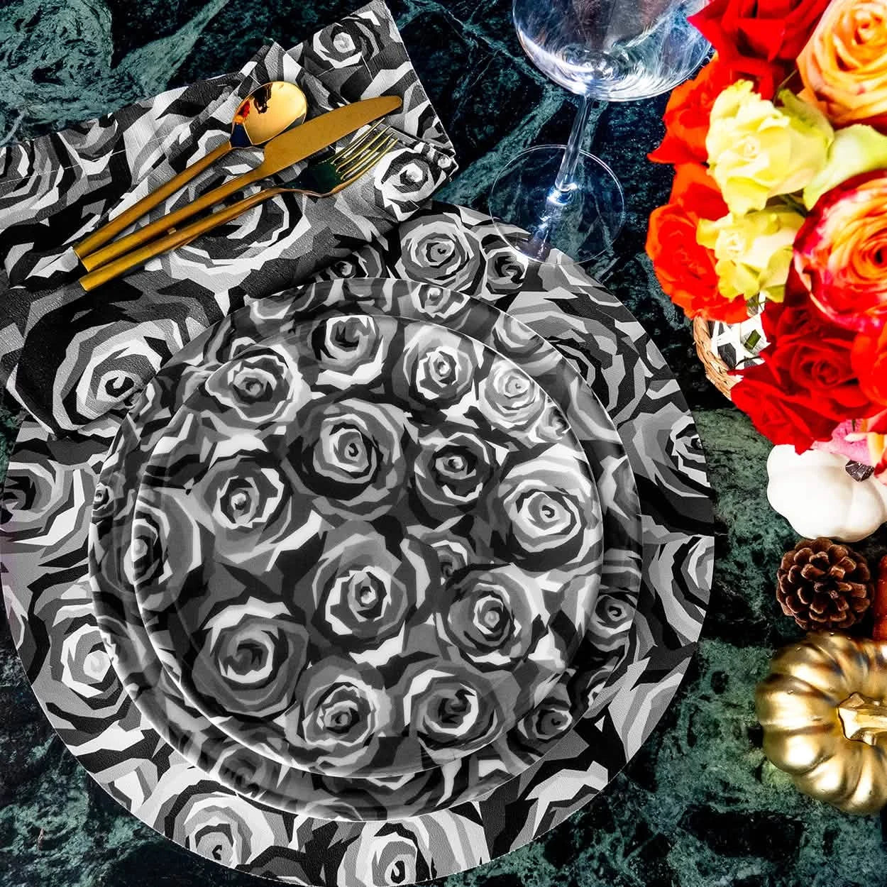 Grayscale Roses Hostess Set - 20 Piece Setting