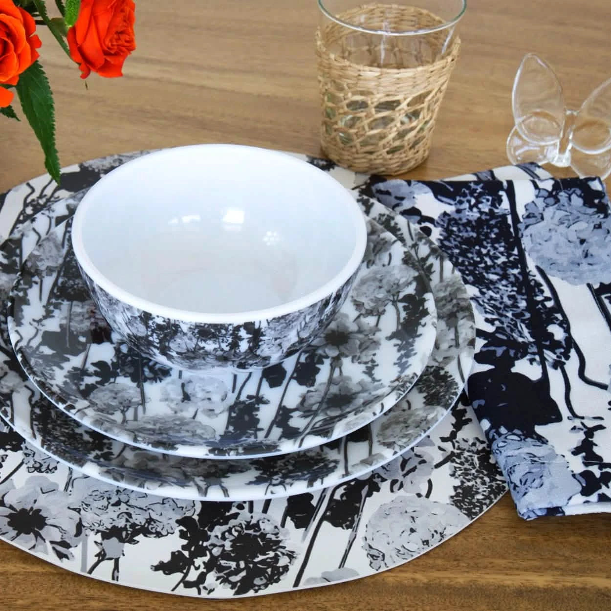 Grayscale Floral Garden Melamine Bowl Set of 4